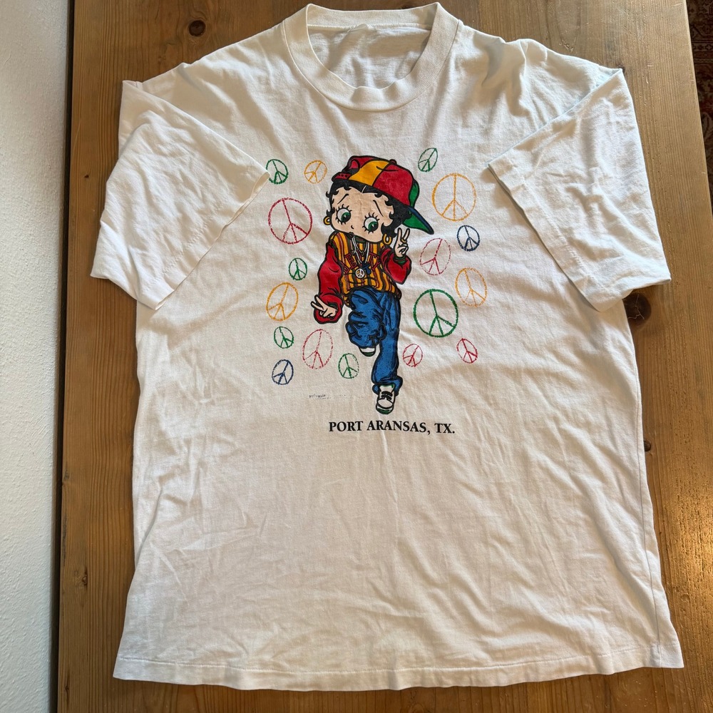 Vintage 90s Betty Boop Port Aransas TX Peace Sign T Shirt XL Single Stitch White